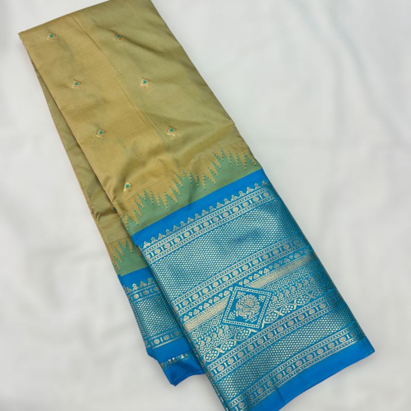 Olive Green Teal Blue Semi Gadwal Saree
