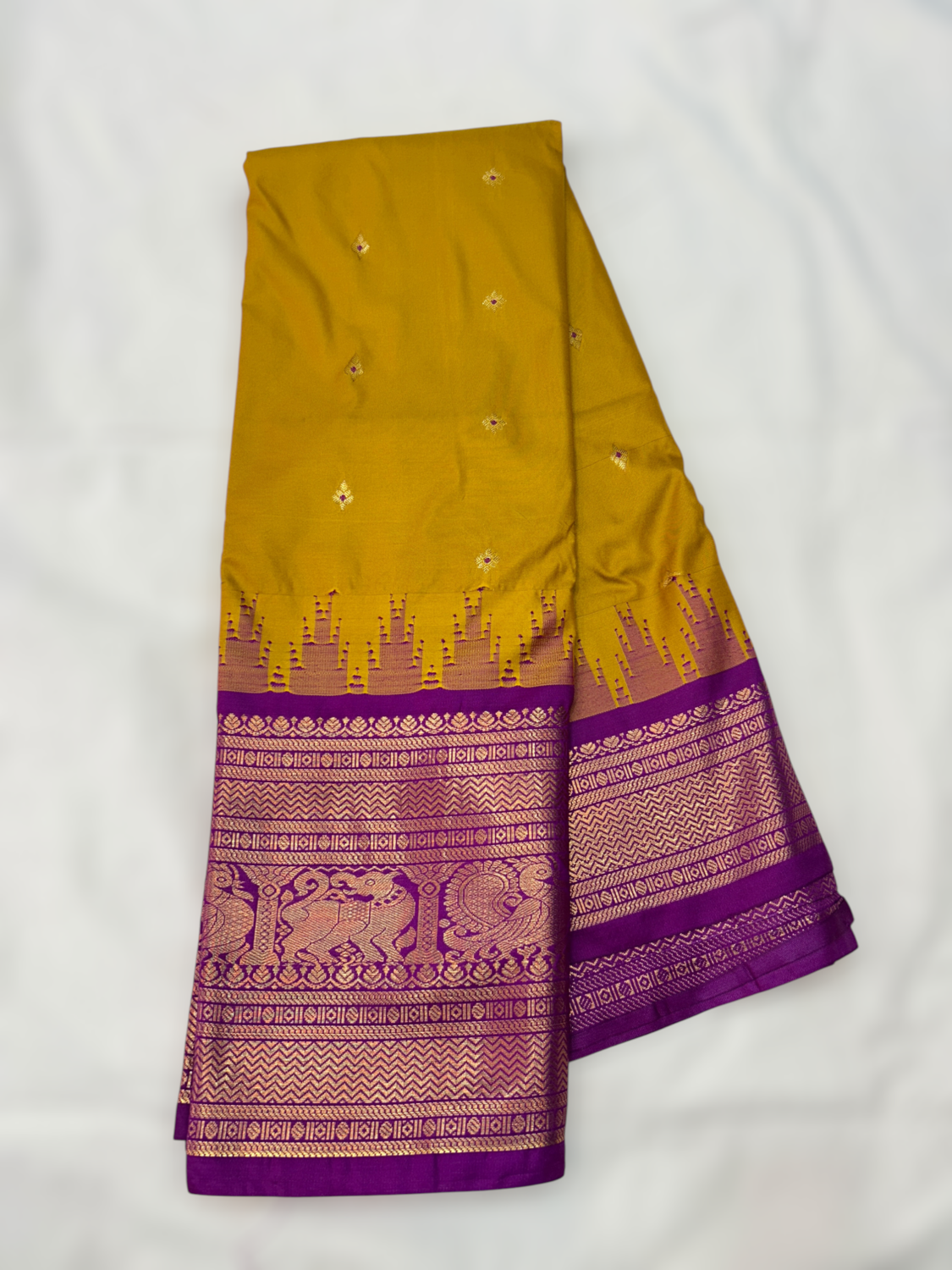 Golden Yellow Purple Fauna Semi Gadwal Saree