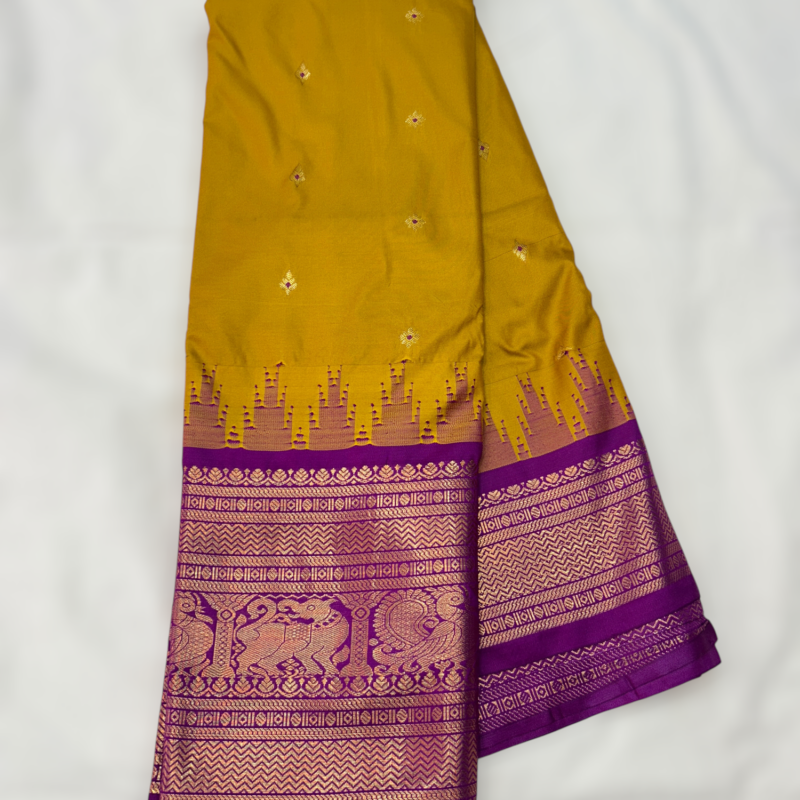Golden Yellow Purple Fauna Semi Gadwal Saree
