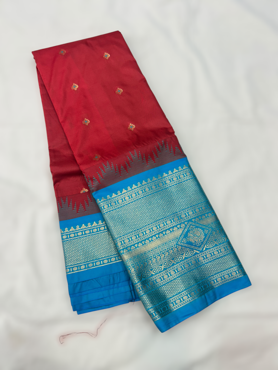 Deep Red Teal Blue Semi Gadwal Saree