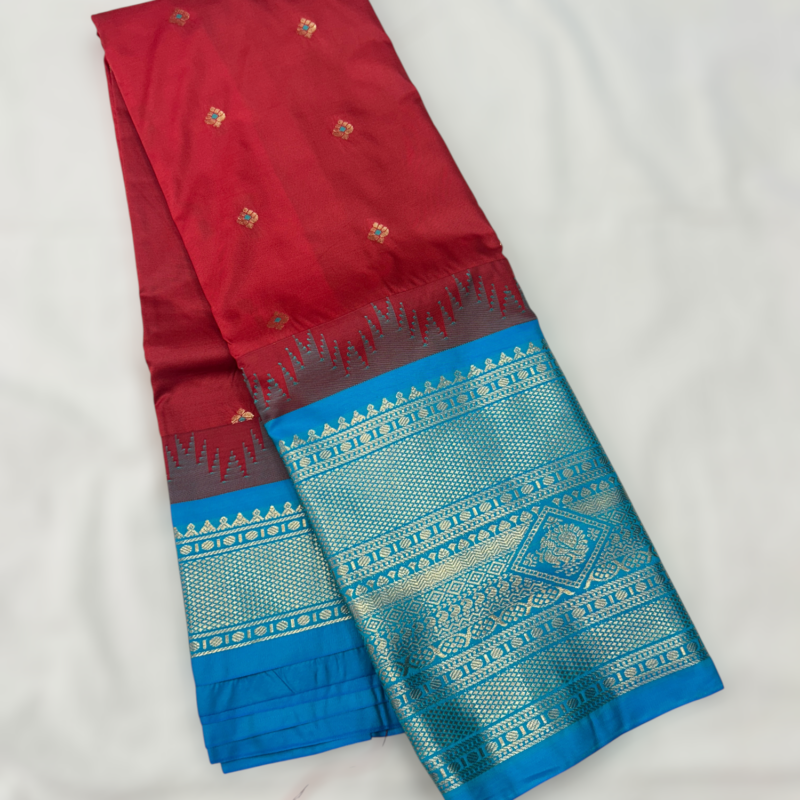 Deep Red Teal Blue Semi Gadwal Saree