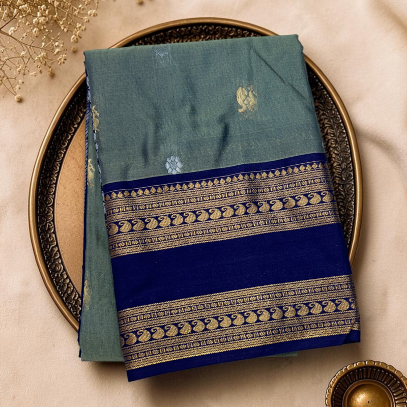 Sage Green Royal Blue Semi Sico Gadwal Saree