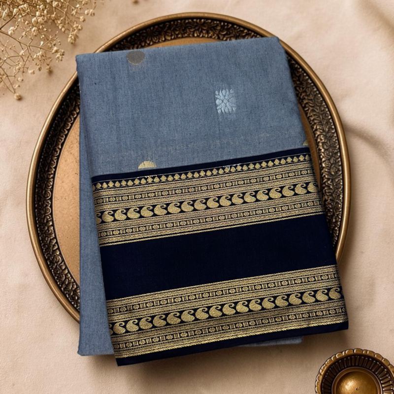 Dusty Blue Navy Blue Semi Sico Gadwal Saree