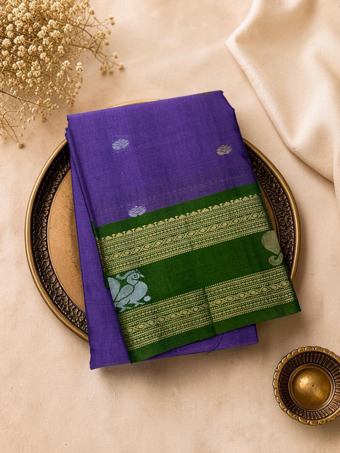 Purple Bottle Green Semi Sico Gadwal Saree