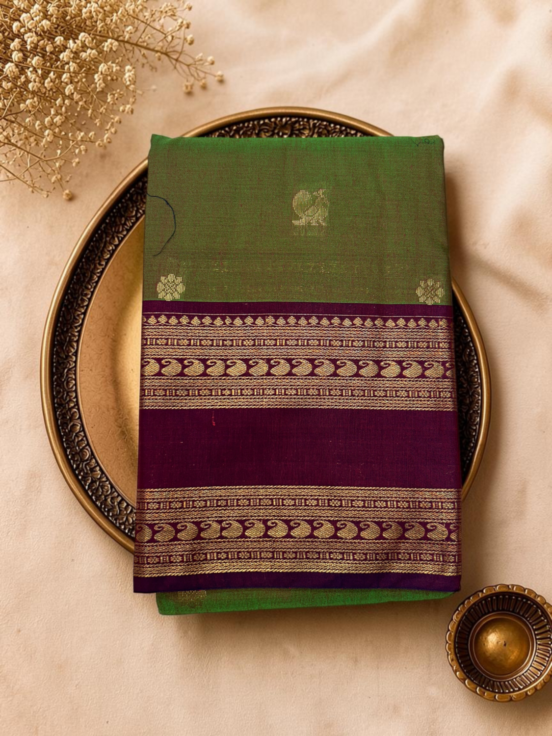 Olive Green Wine Semi Sico Gadwal Saree