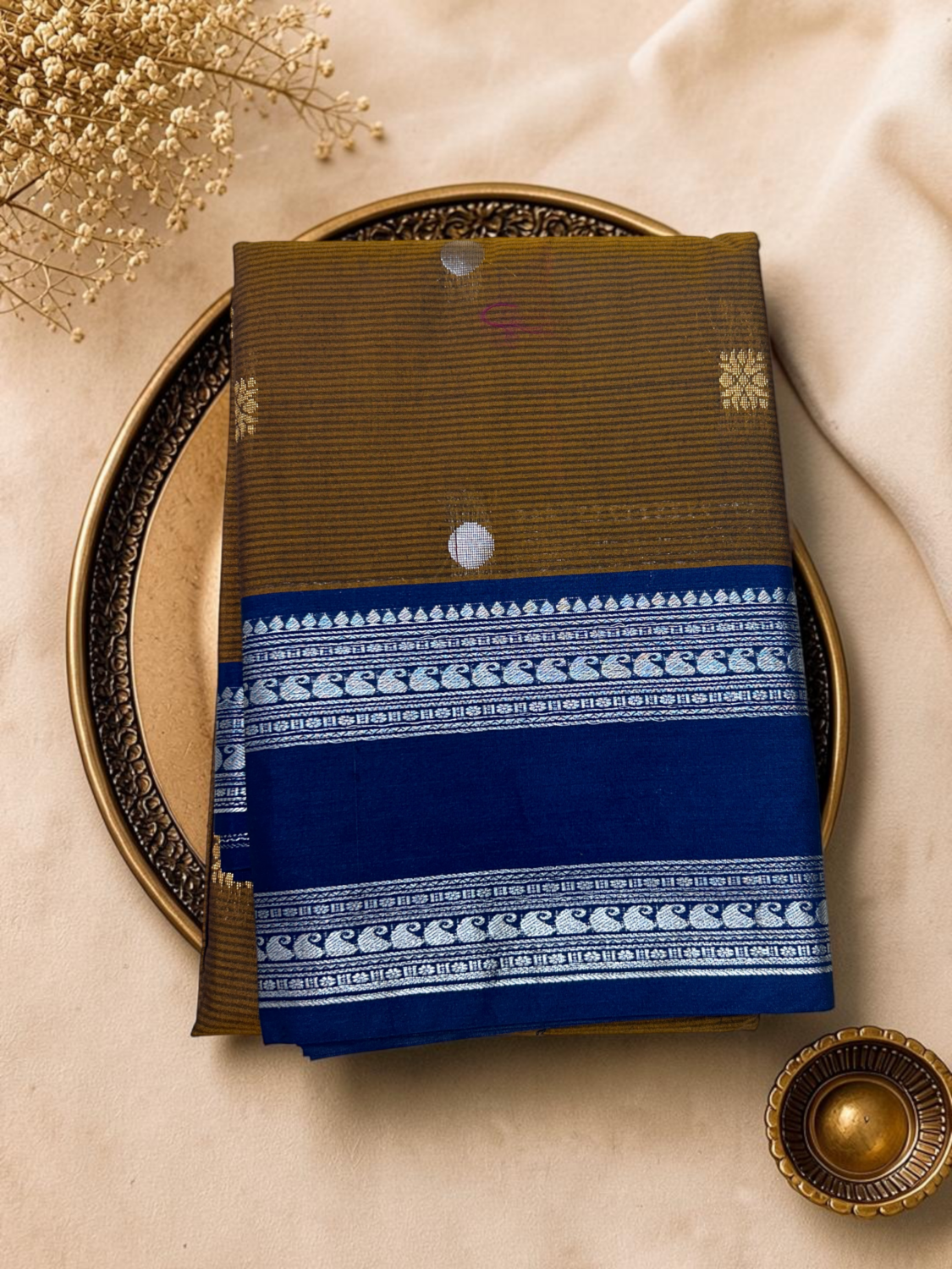 Olive Mustard Royal Blue Semi Sico Gadwal Saree