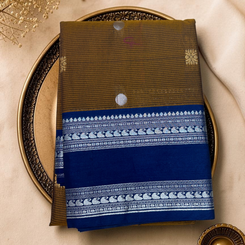 Olive Mustard Royal Blue Semi Sico Gadwal Saree