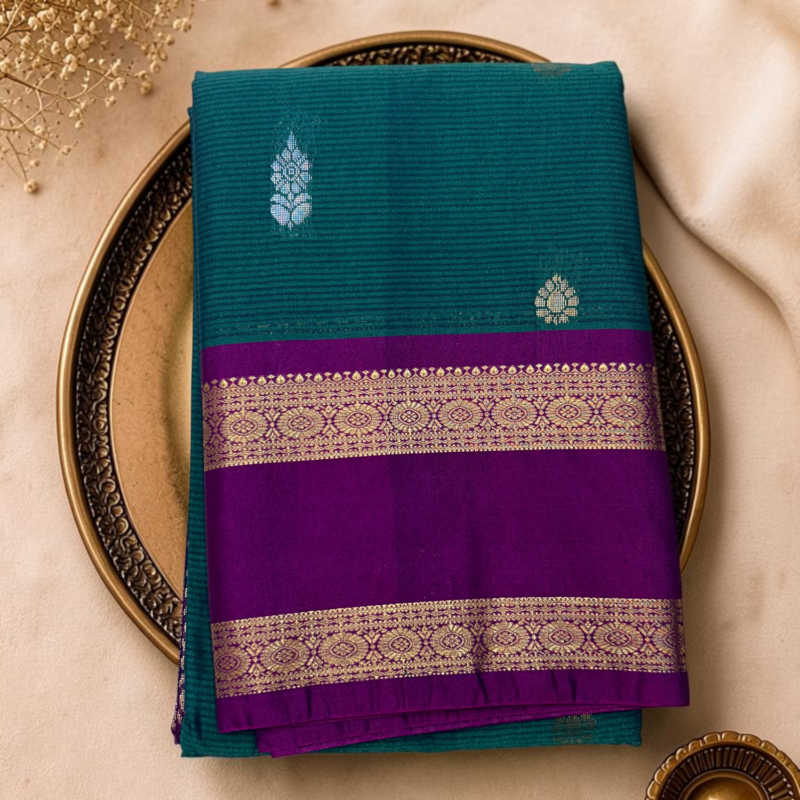 Teal Green Purple Semi Sico Gadwal Saree