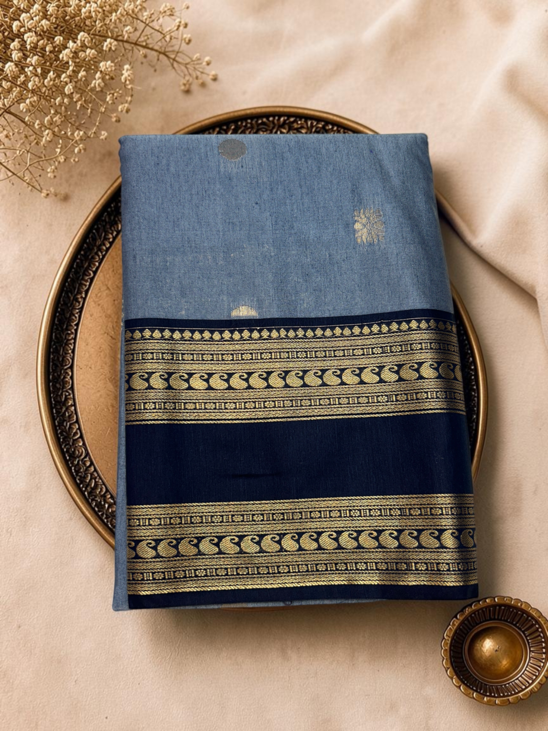 Dove Grey Navy Blue Semi Sico Gadwal Saree