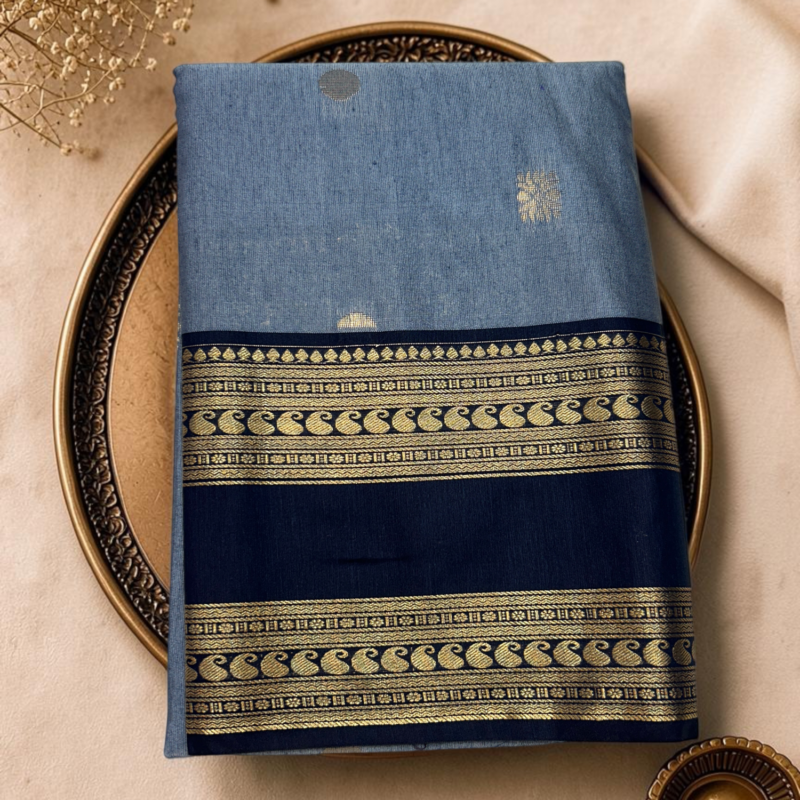 Dove Grey Navy Blue Semi Sico Gadwal Saree