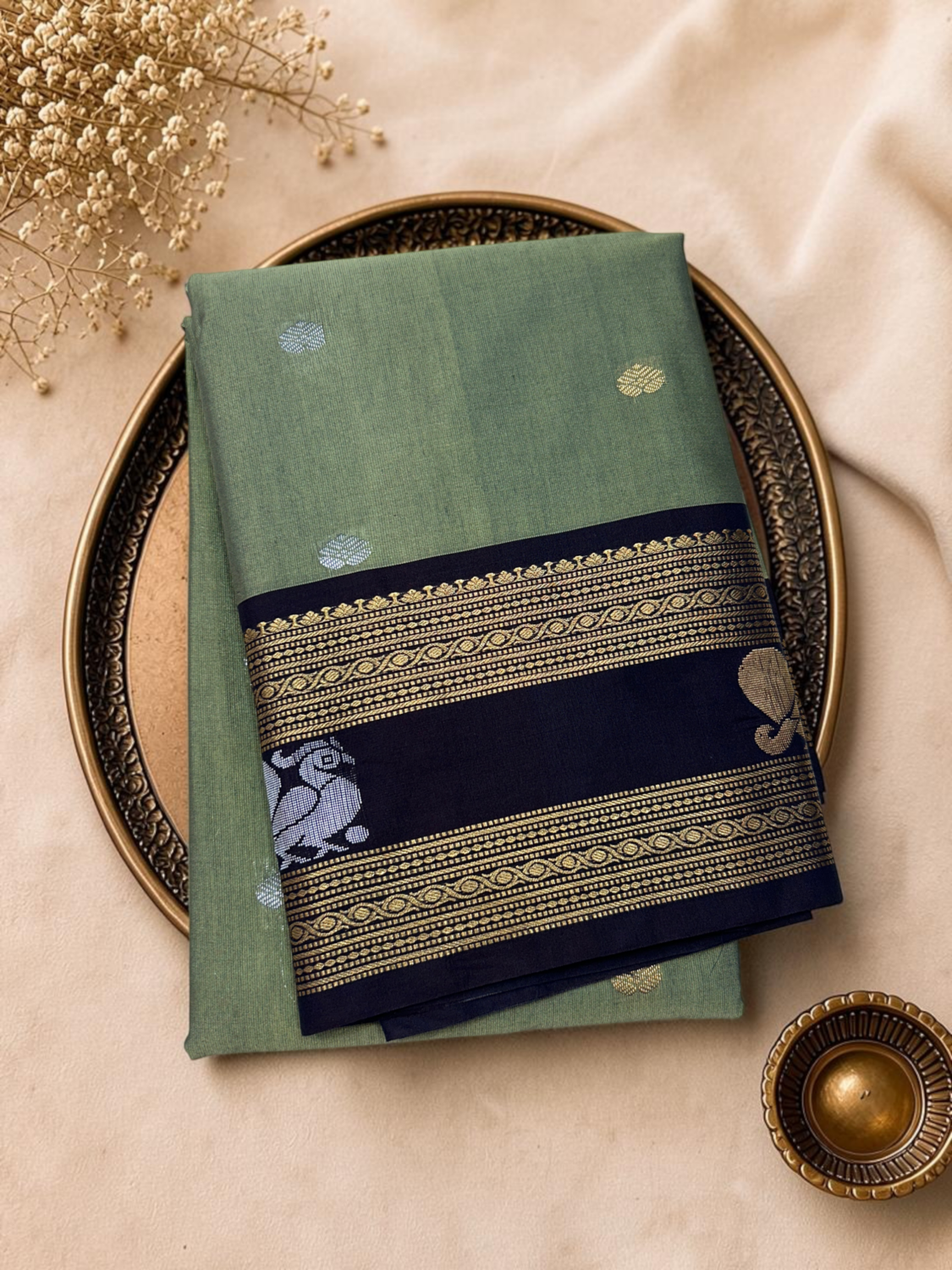 Moss Green Navy Blue Semi Sico Gadwal Saree