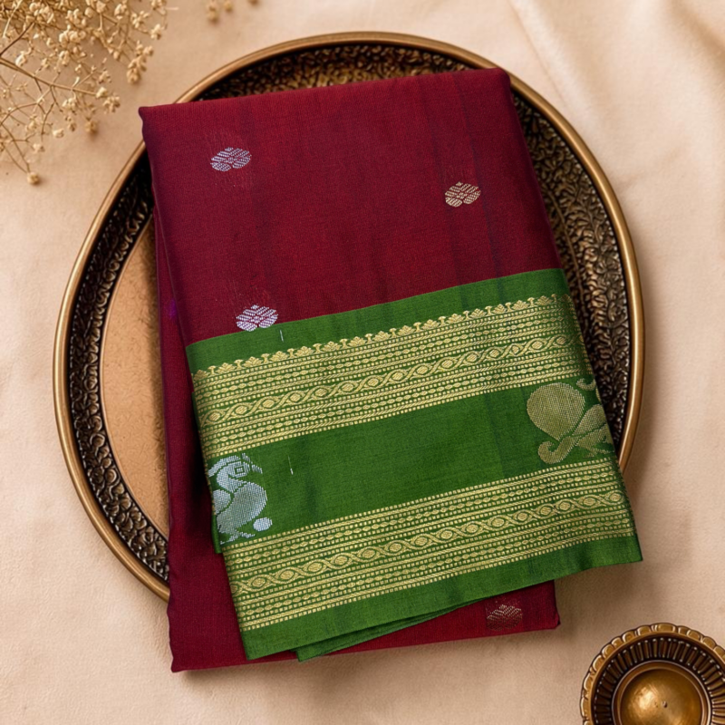 Maroon Bottle Green Semi Sico Gadwal Saree