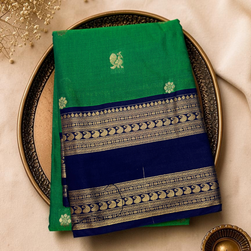 Emerald Green Navy Blue Semi Sico Gadwal Saree