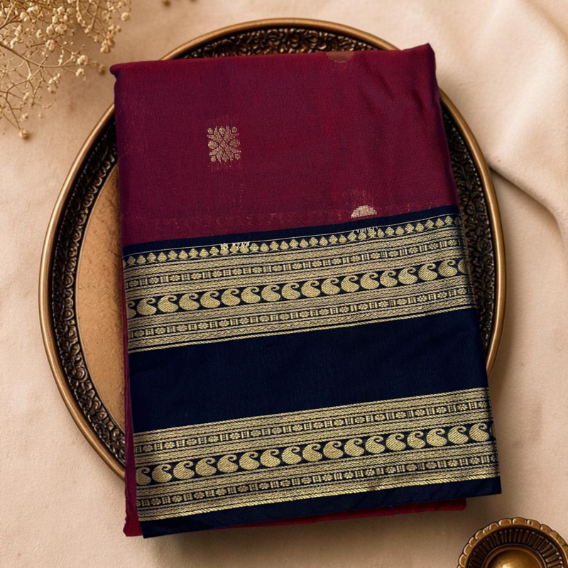 Maroon Navy Blue Semi Sico Gadwal Saree
