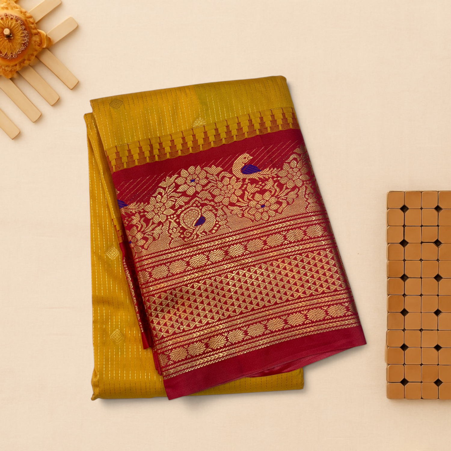 Mustard Yellow Deep Maroon Semi Gadwal Saree