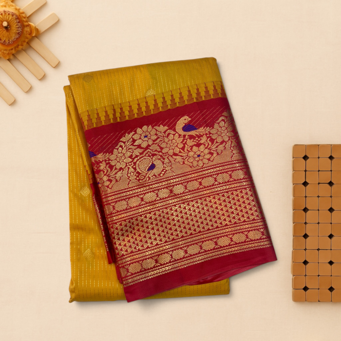 Mustard Yellow Deep Maroon Semi Gadwal Saree