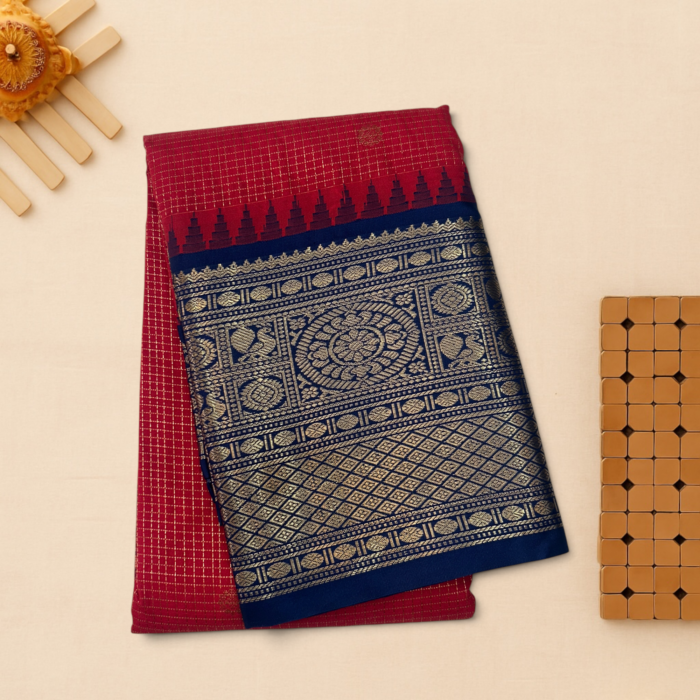 Maroon Navy Blue Semi Gadwal Saree