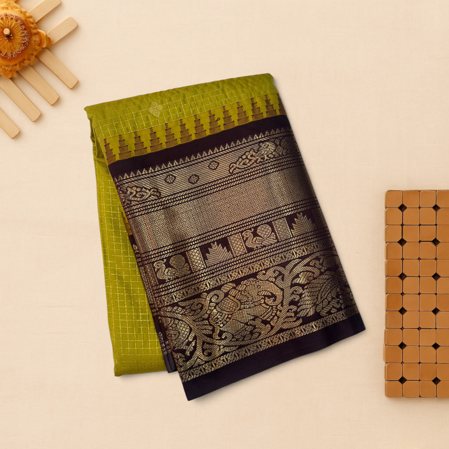 Olive Green Deep Brown Semi Gadwal Saree