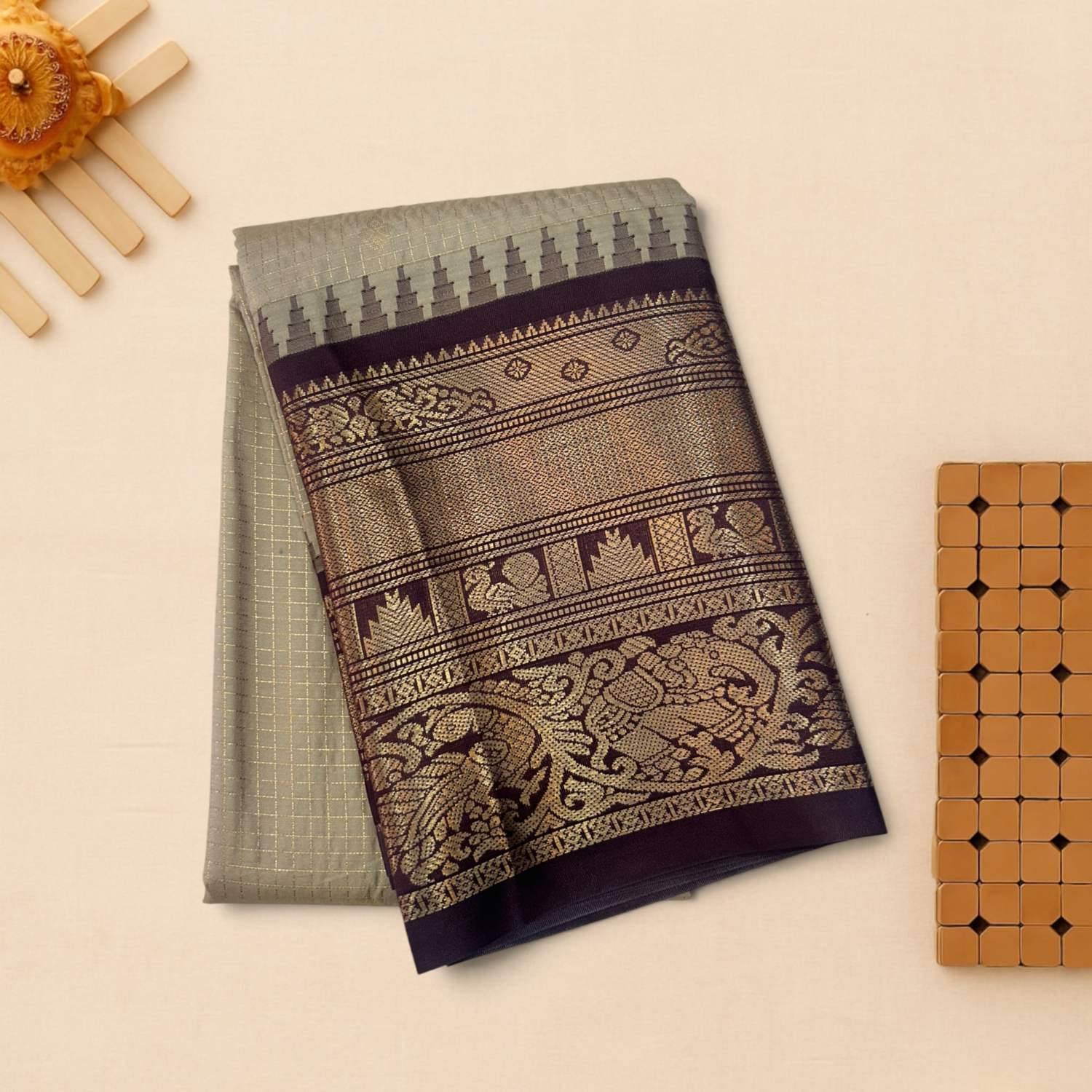 Sage Grey Deep Plum Semi Gadwal Saree