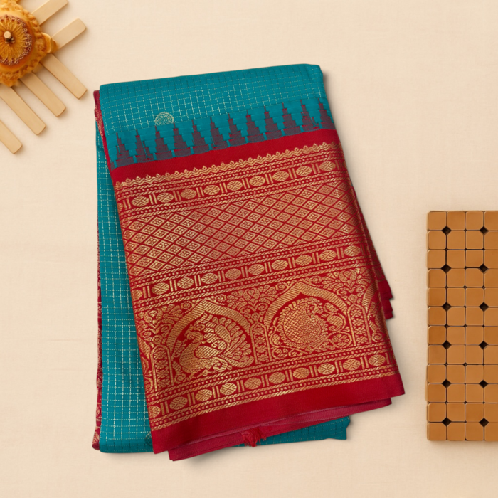 Peacock Teal Deep Maroon Semi Gadwal Saree