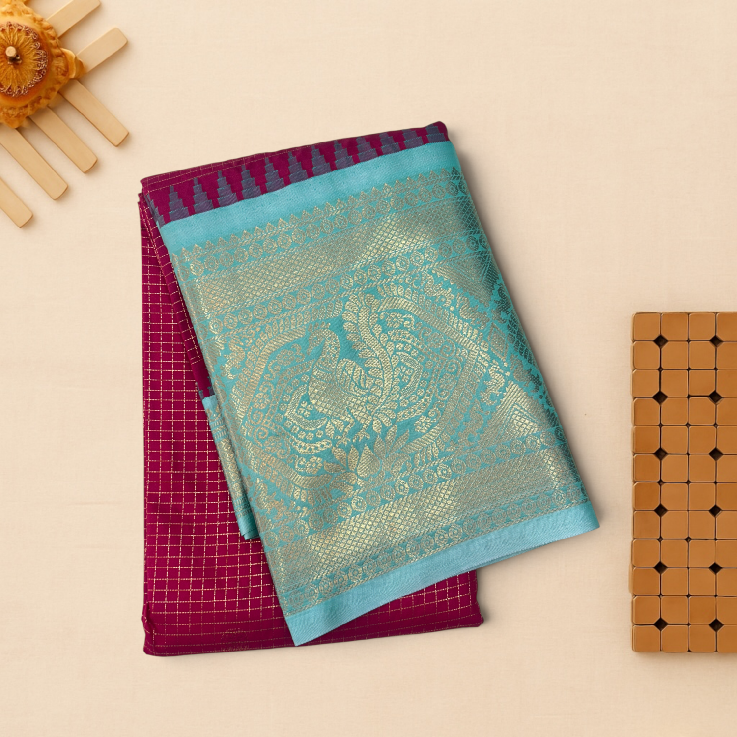 Wine Sky Blue Semi Gadwal Saree