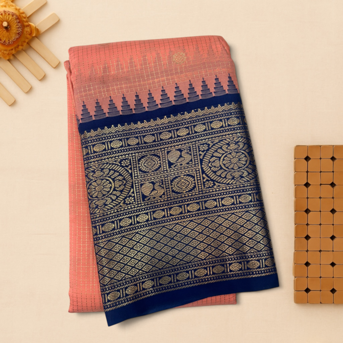 Peach Navy Blue Semi Gadwal Saree