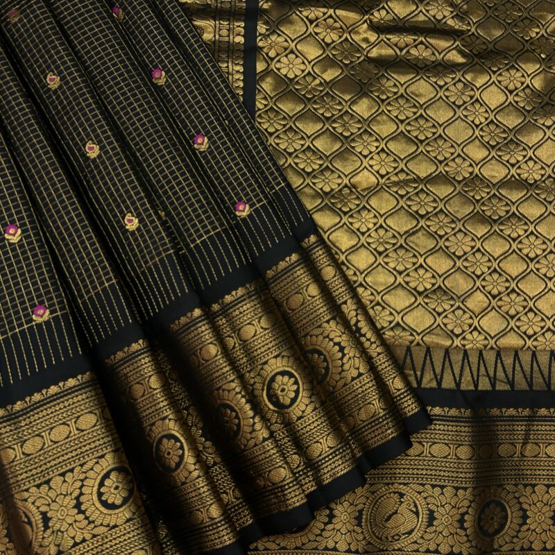 Black Pure Silk Gadwal Saree with Gold Zari Border and Meena Butta