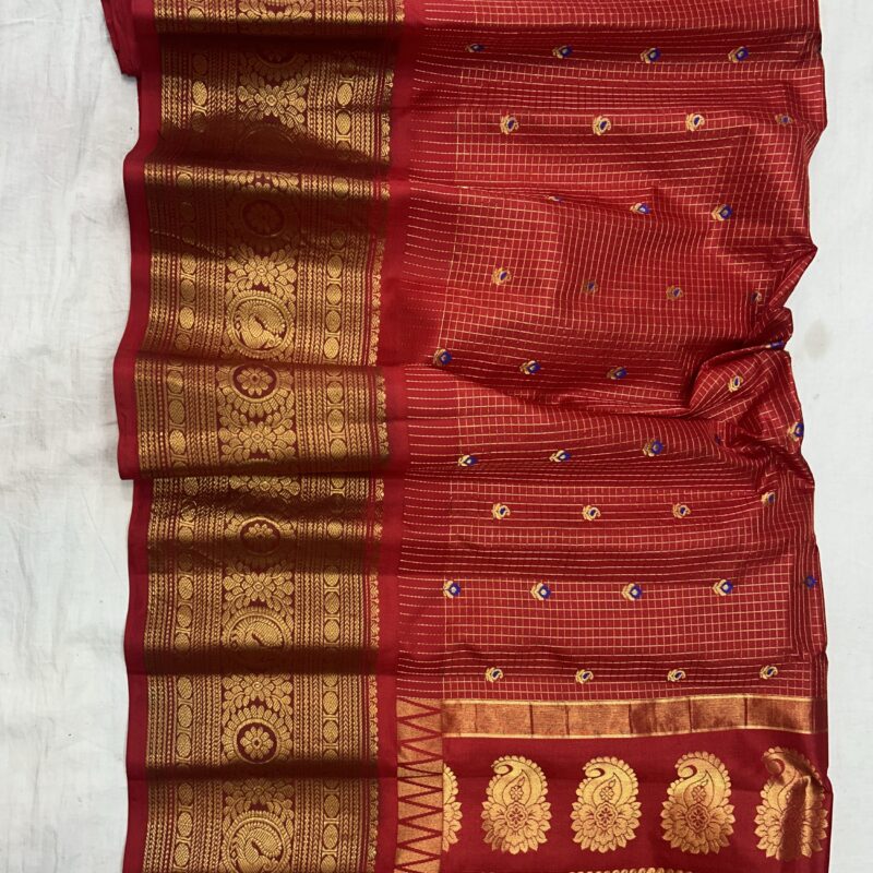 Red Pure Silk Saree with Gold Zari Border and Meena Butta