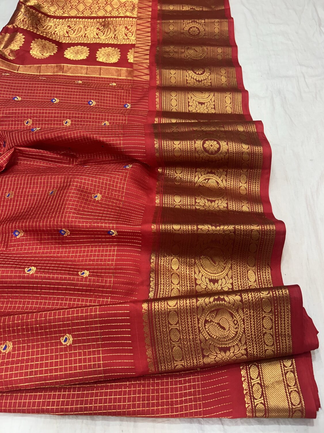 Red Pure Silk Saree with Gold Zari Border and Meena Butta
