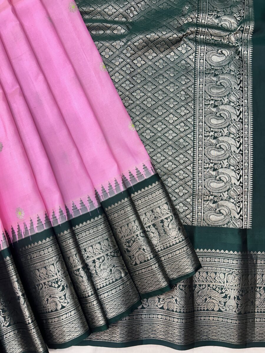 Baby Pink Gadwal Pure Silk Saree with Bottle Green Silver Zari Kuttu Border