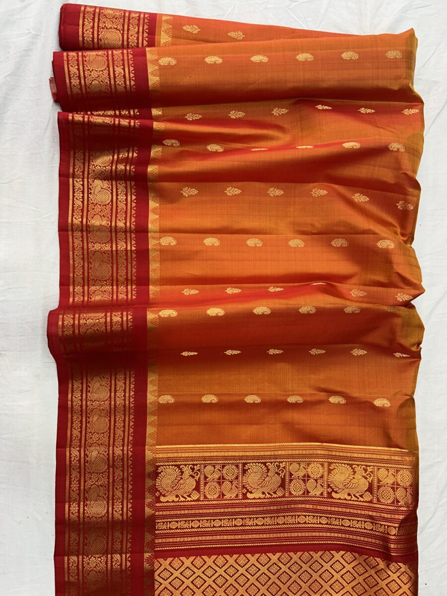 Mustard Orange Pure Silk Handloom Gadwal Pattu Saree with Red Contrast Border and Blouse