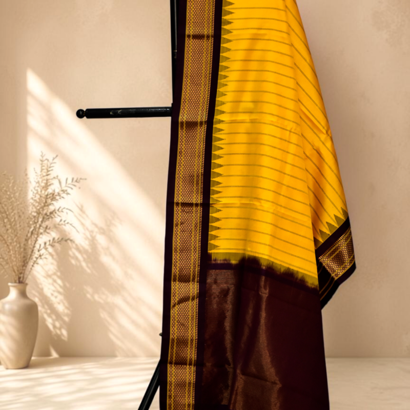 Pure Silk Handloom Turmeric Yellow Temple Border Dupatta - Silk Mark Certified