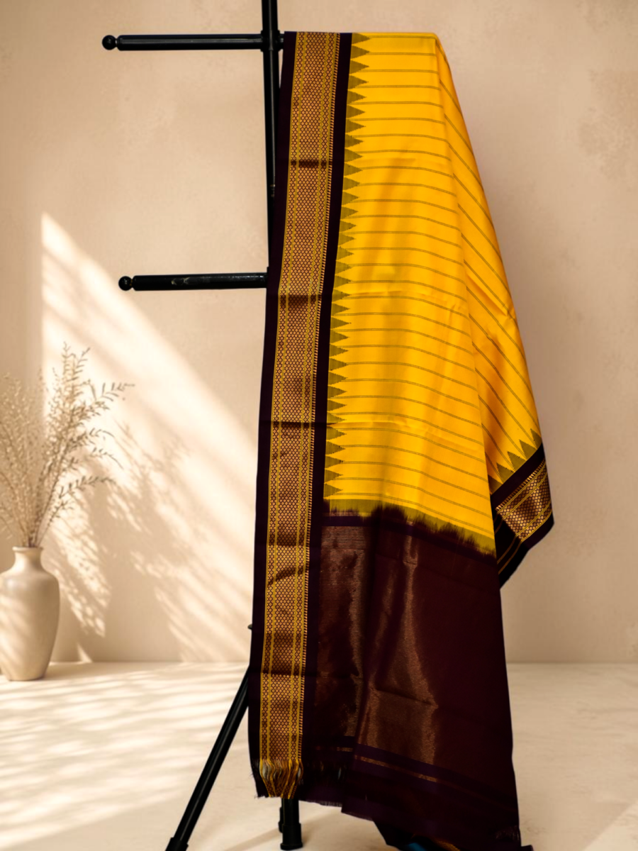 Pure Silk Handloom Turmeric Yellow Temple Border Dupatta - Silk Mark Certified