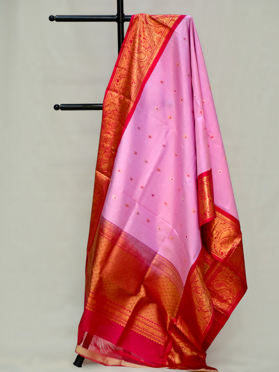Baby Pink Pure Silk Handloom Dupatta with Red Kuttu Wide Border and Diamond Butta