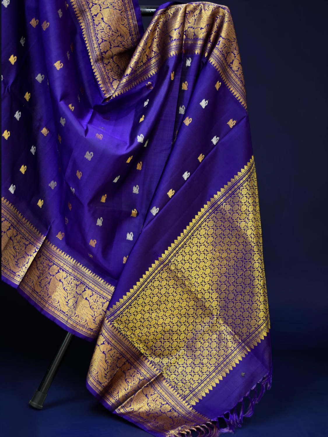 Royal Blue Pure Silk Handloom Dupatta with Wide Traditional Gadwal Border and Floral Butta