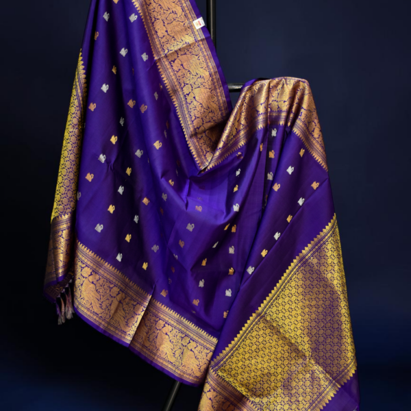 Royal Blue Pure Silk Handloom Dupatta with Wide Traditional Gadwal Border and Floral Butta