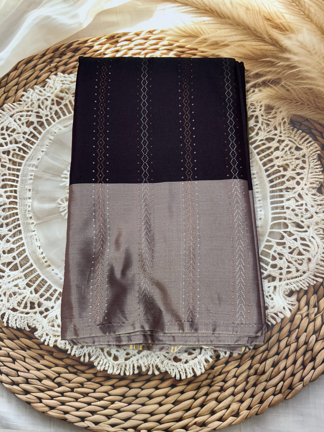 Coffee Brown Saree with Silver Grey Contrast Pallu