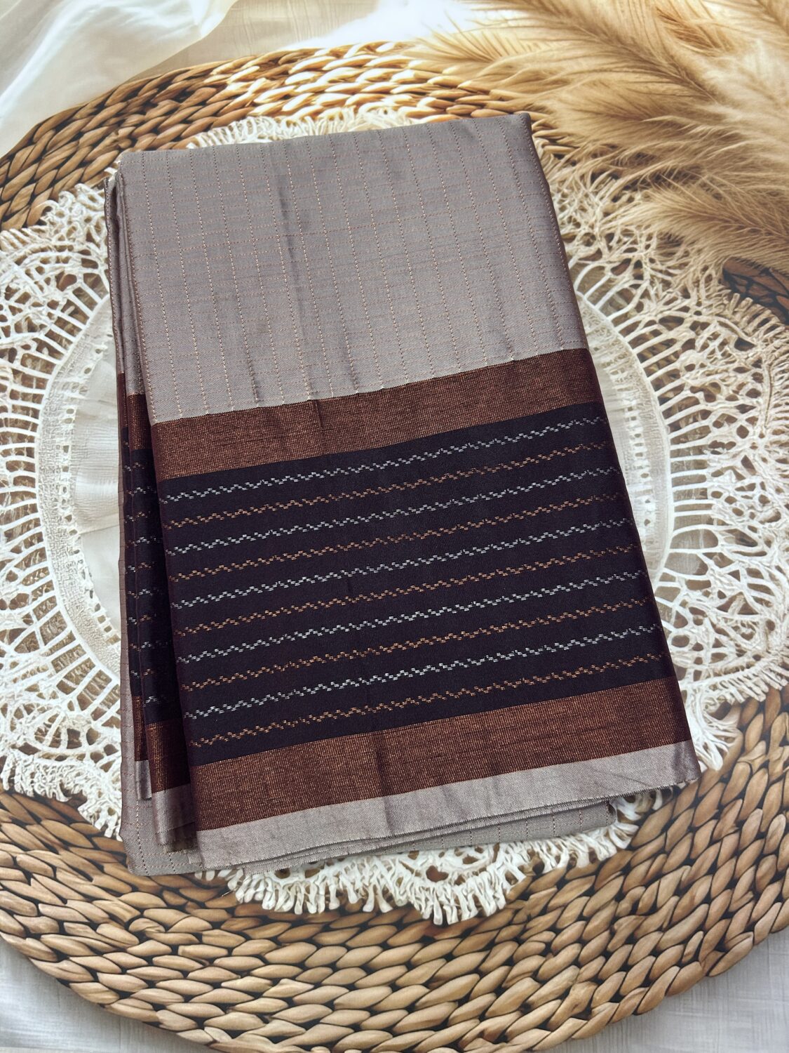 Warm Grey Saree with Dark Brown Contrast Pallu