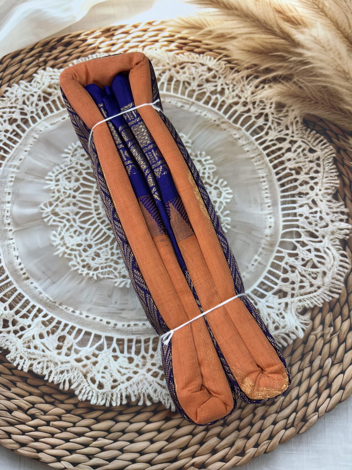 Soft Orange Royal Blue Pure Cotton Gadwal Saree