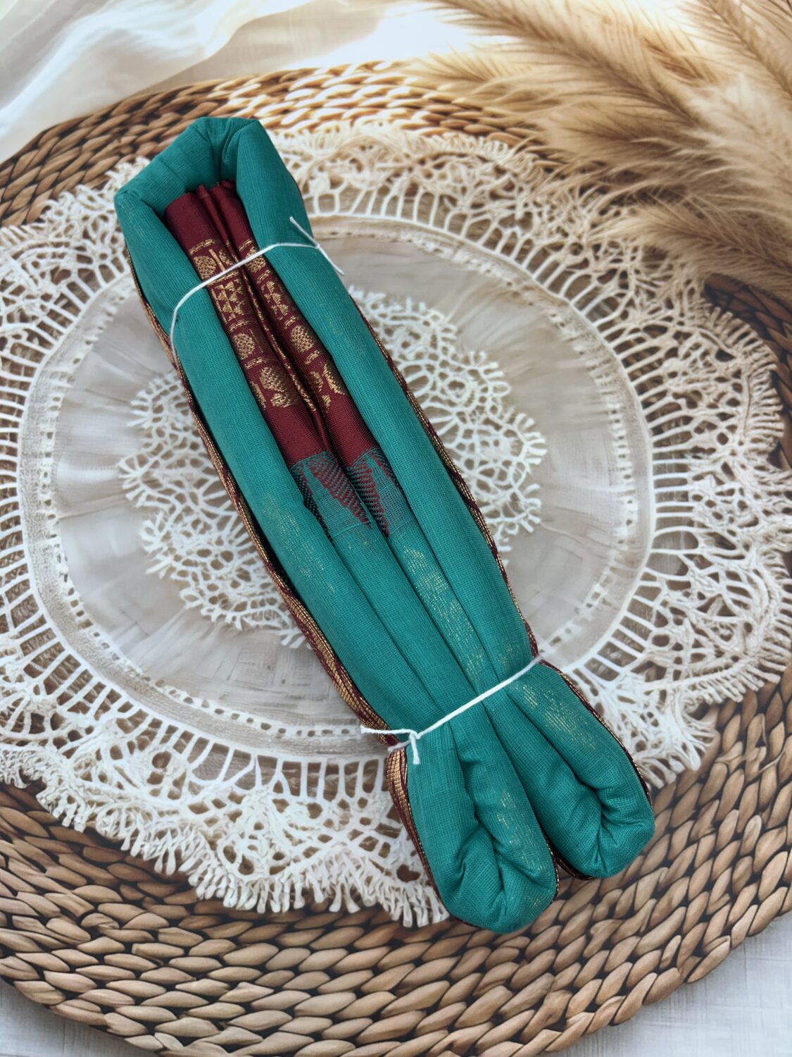 Teal Green Maroon Pure Cotton Gadwal Saree