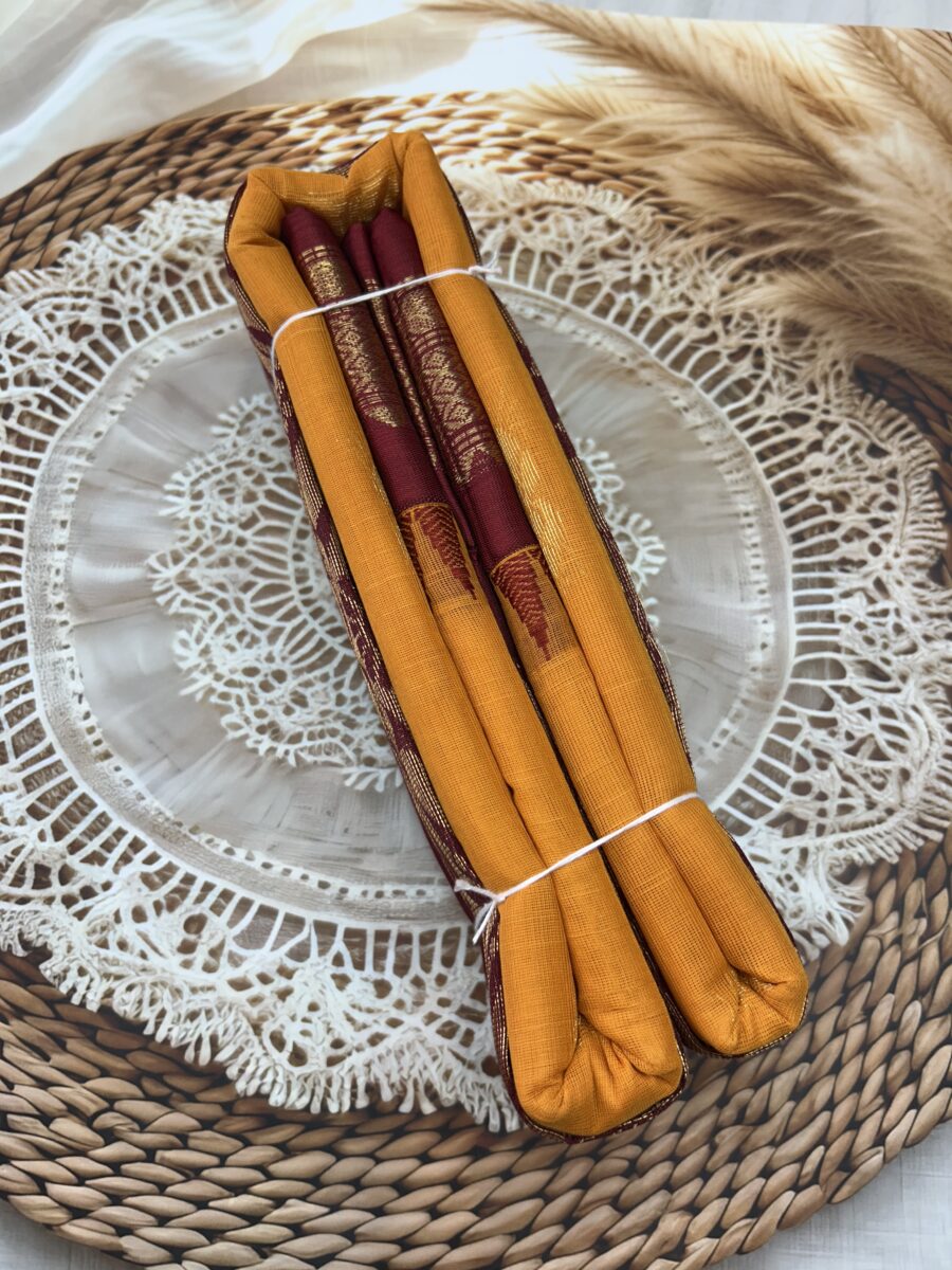 Mustard Yellow Maroon Pure Cotton Gadwal Saree