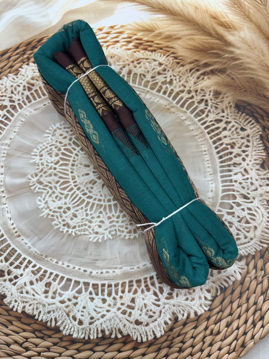 Peacock Teal Coffee Brown Pure Cotton Gadwal Saree