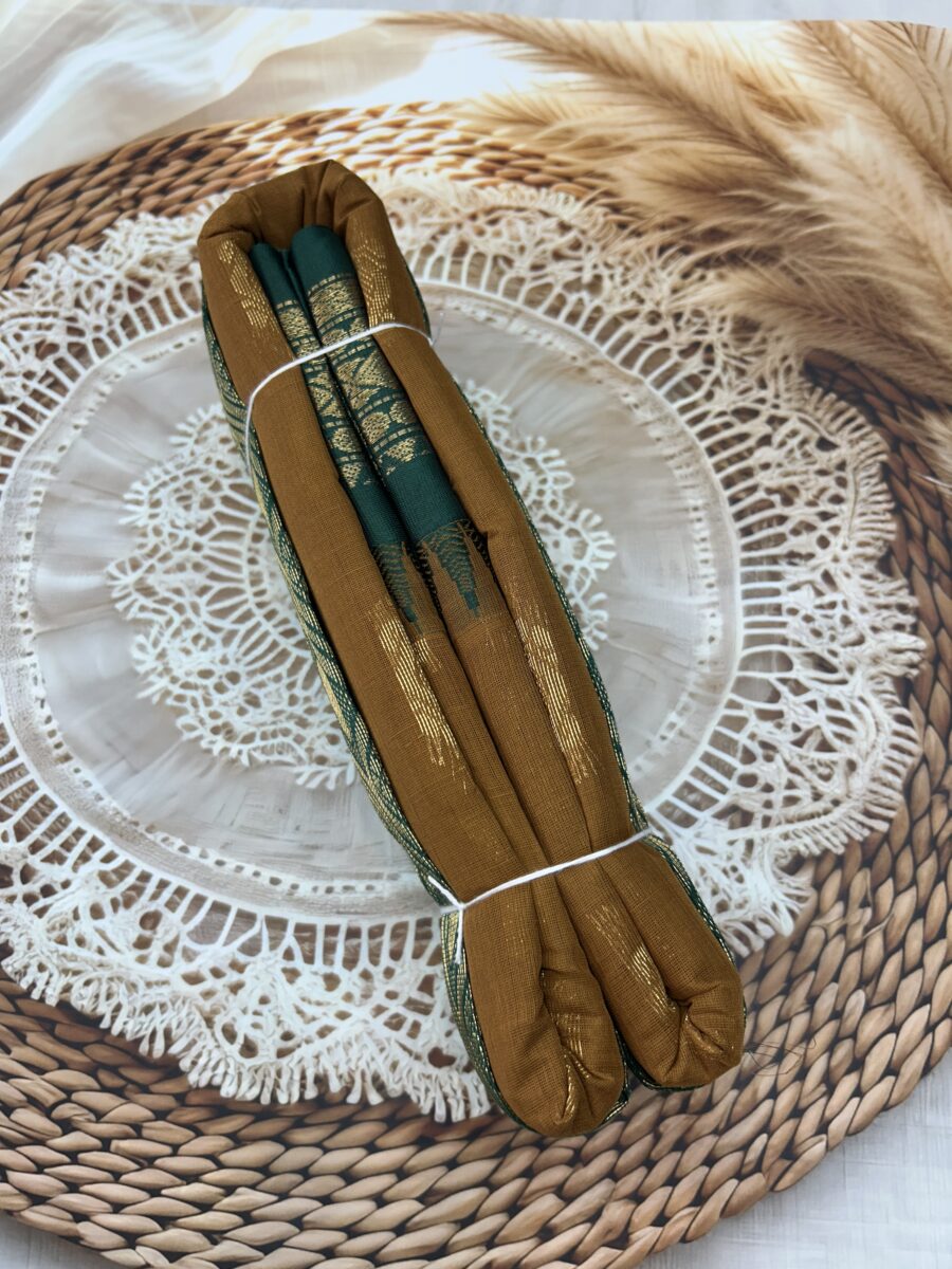 Mustard Brown Peacock Green Pure Cotton Gadwal Saree