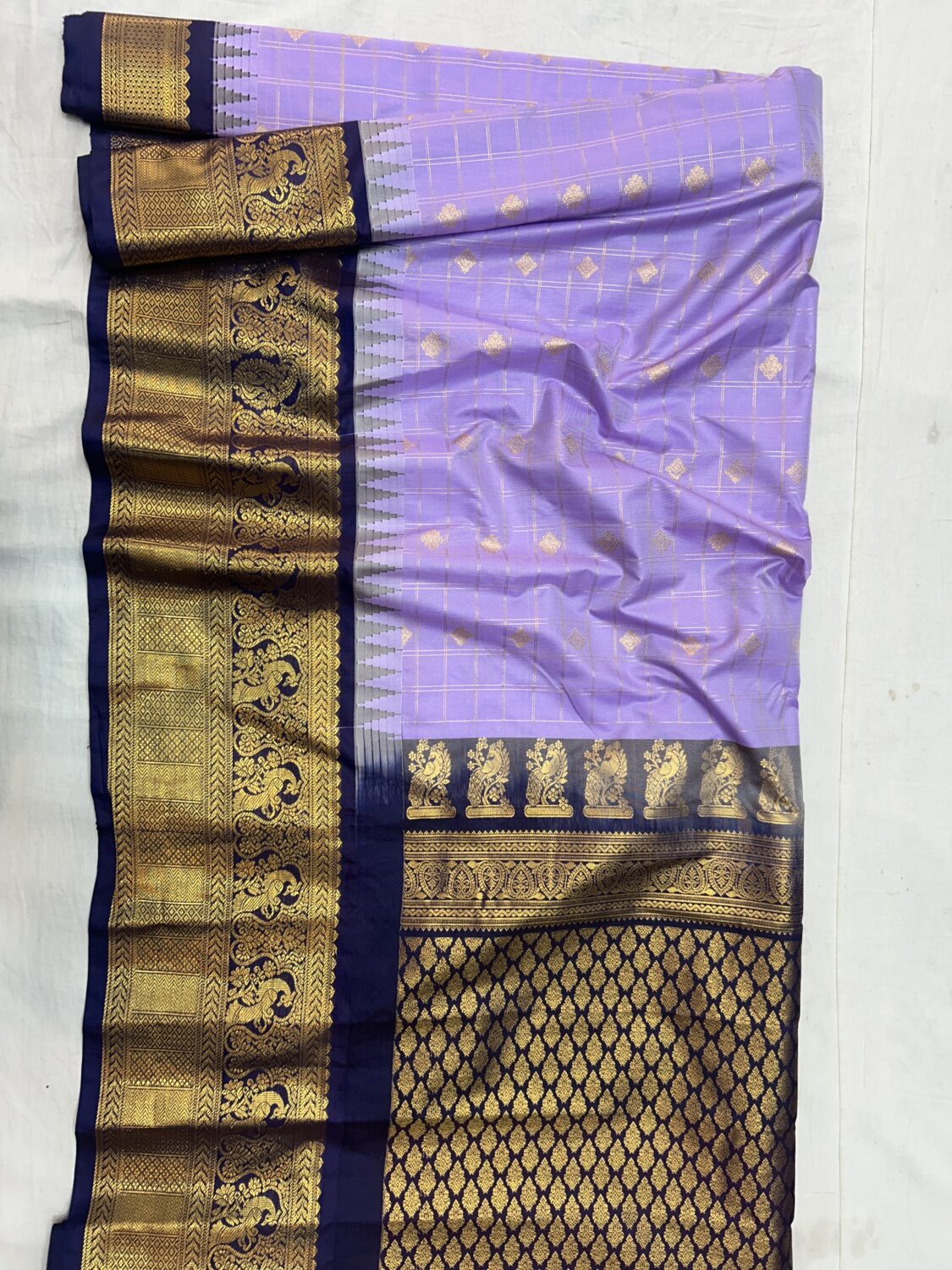 Light Lavender Saree with Navy Blue Border - Premium Semi Gadwal