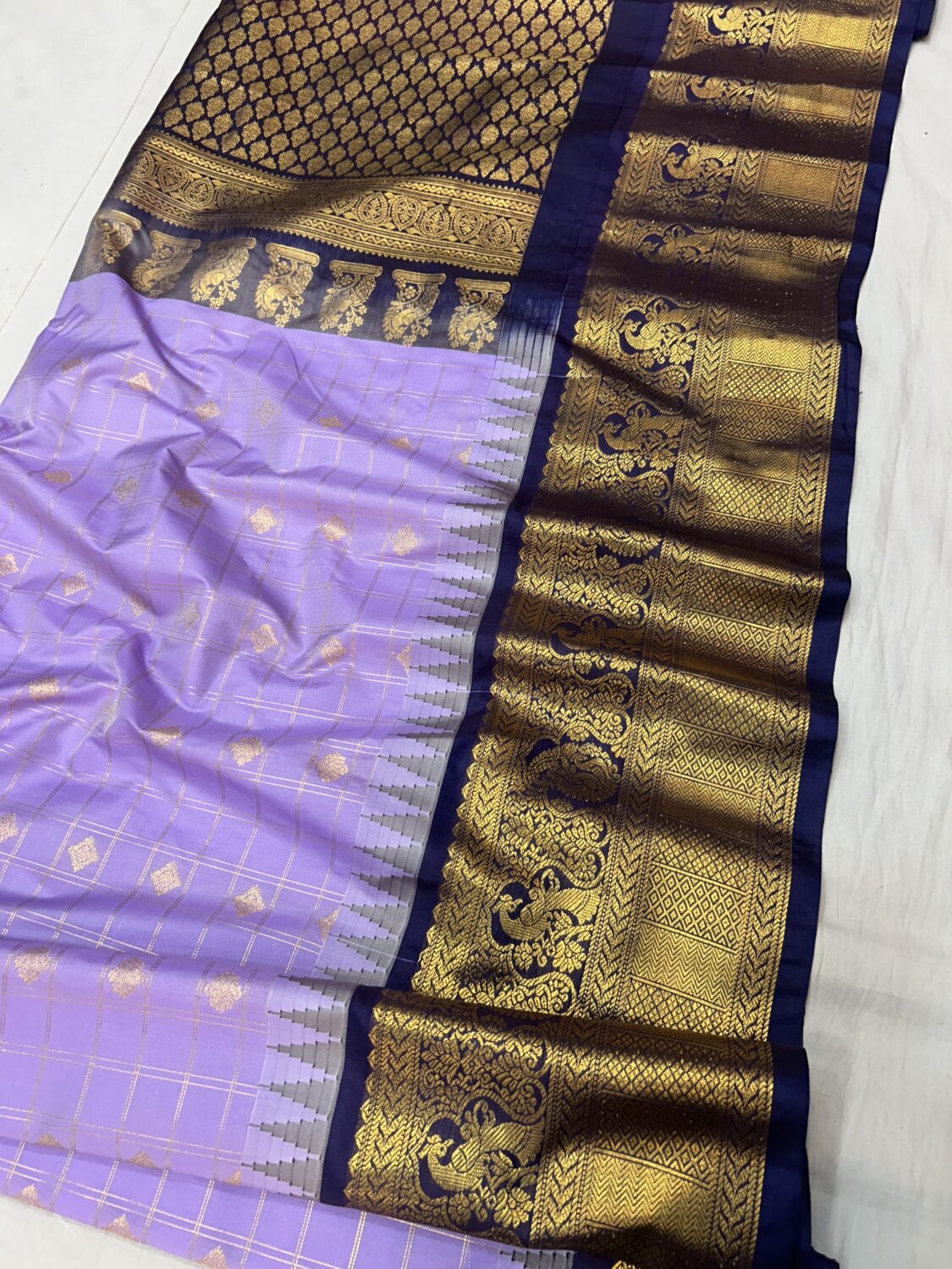 Light Lavender Saree with Navy Blue Border - Premium Semi Gadwal