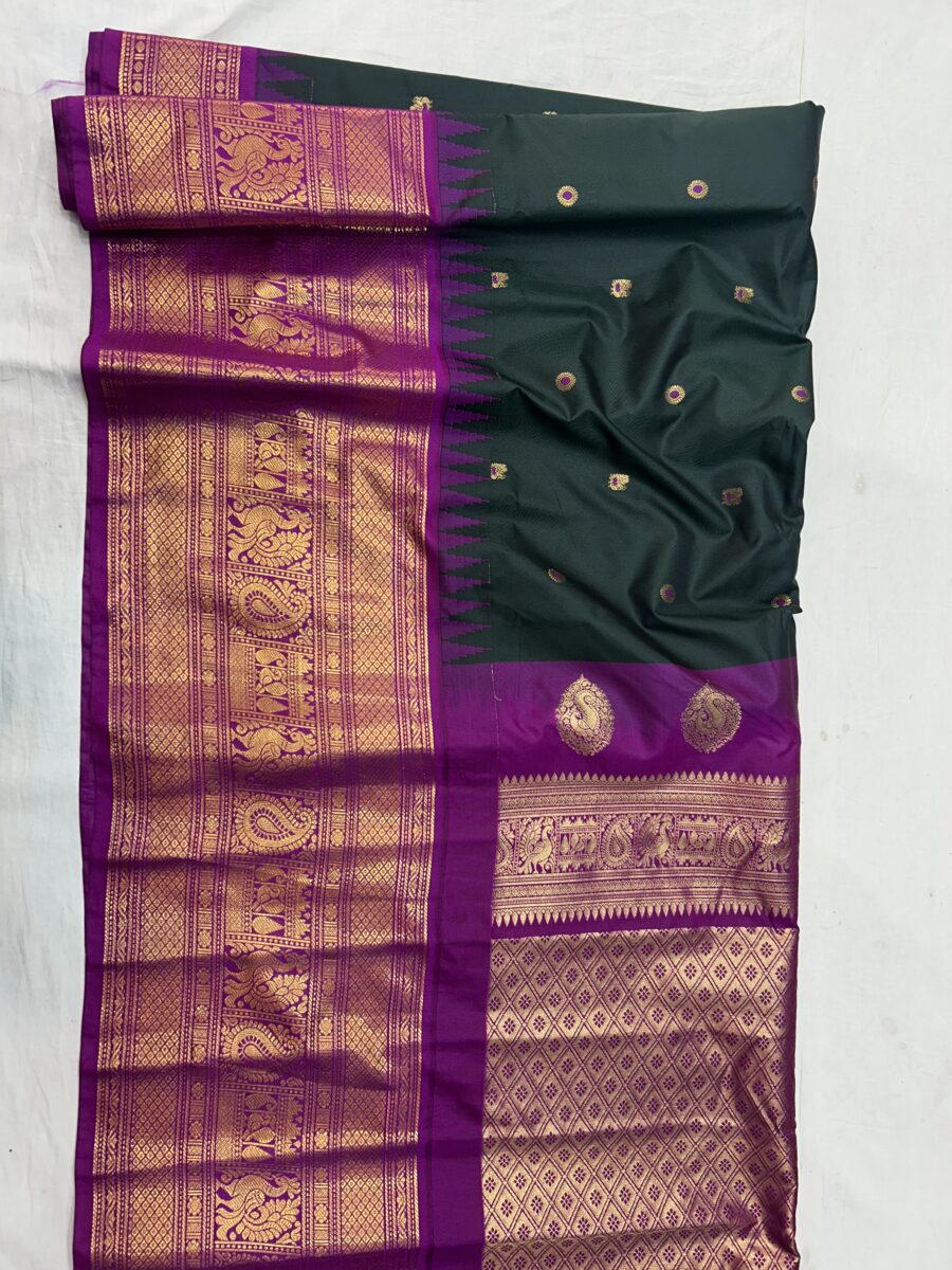 Bottle Green Saree with Magenta Border - Premium Semi Gadwal