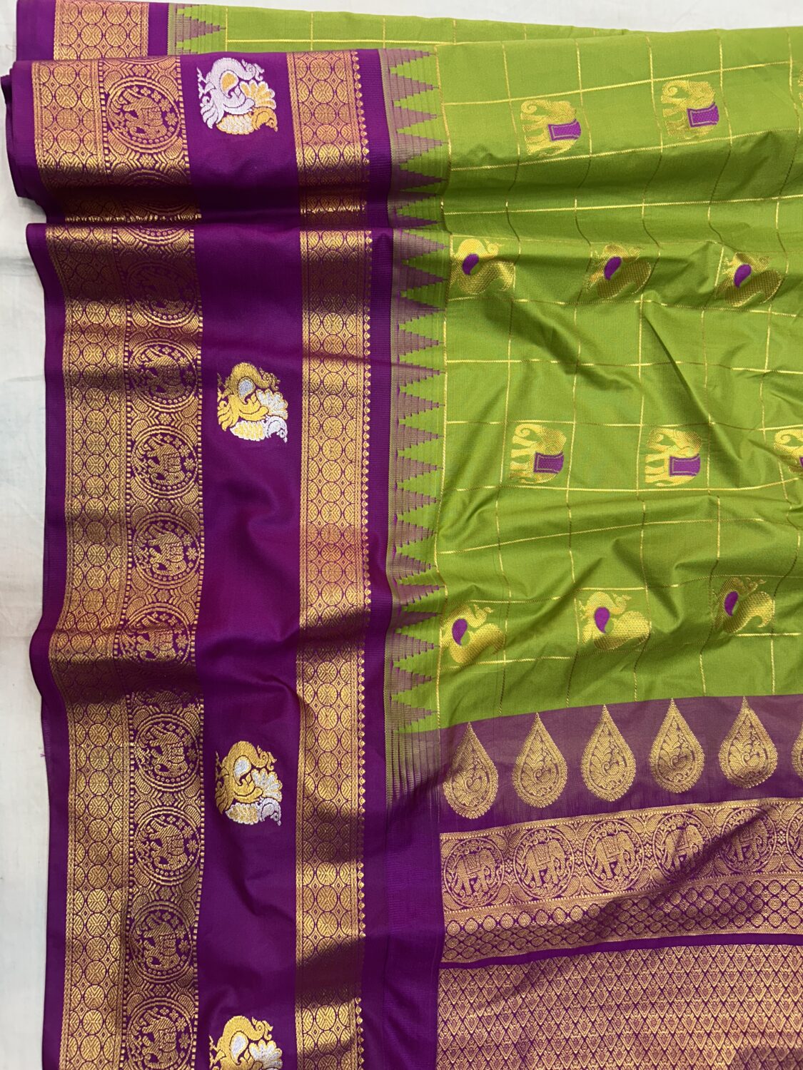 Parrot Green Saree with Purple Border - Premium Semi Gadwal