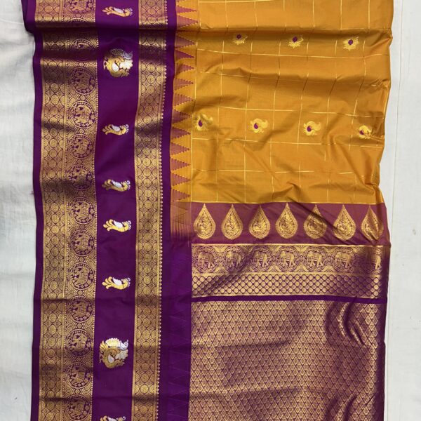 Mustard Yellow Saree with Purple Border - Premium Semi Gadwal