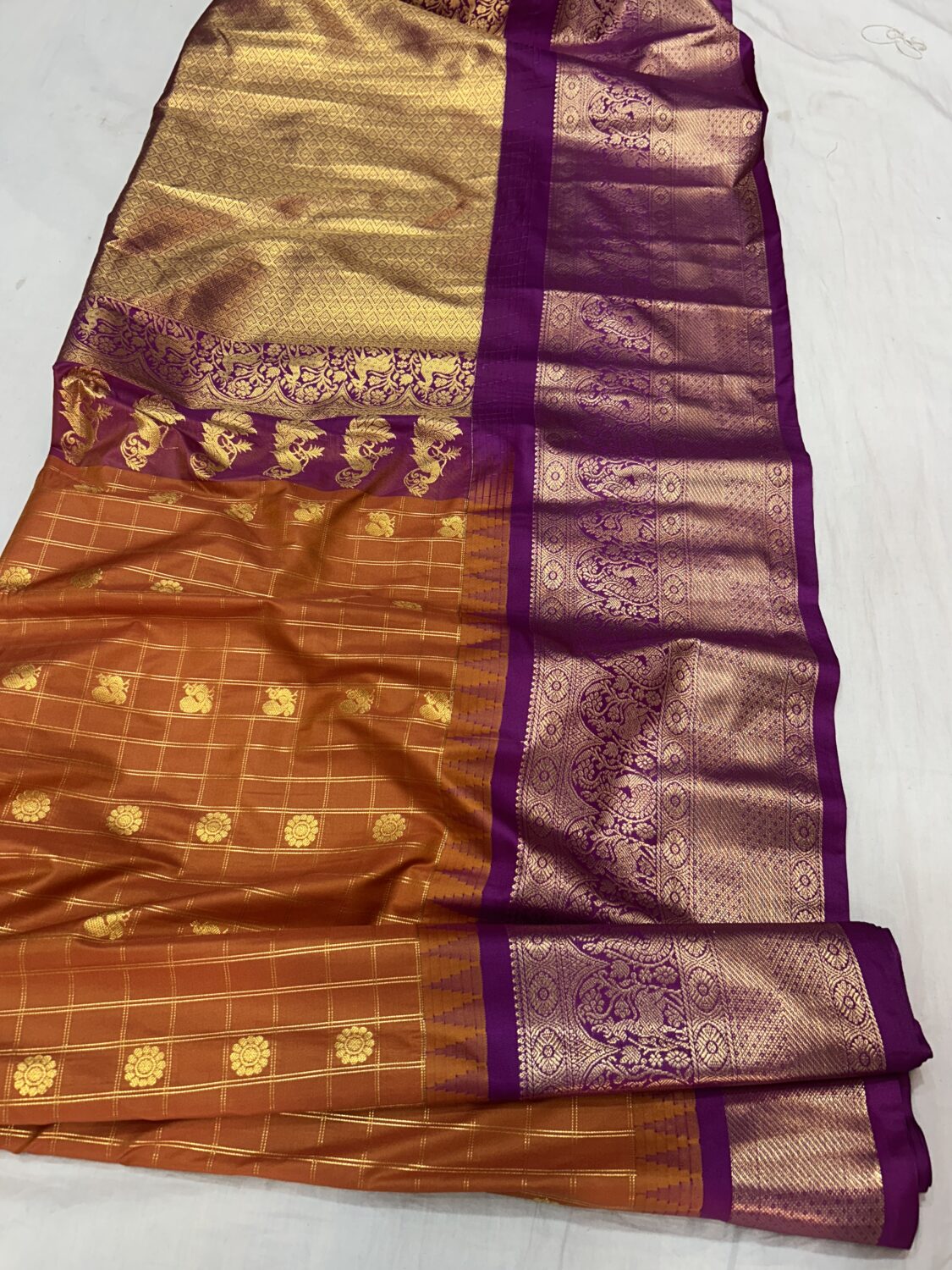 Orange Brown Dual Tone Saree with Purple Border - Premium Semi Gadwal