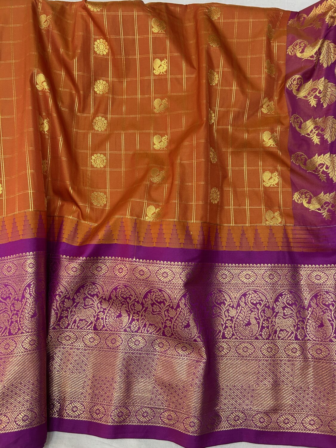 Orange Brown Dual Tone Saree with Purple Border - Premium Semi Gadwal